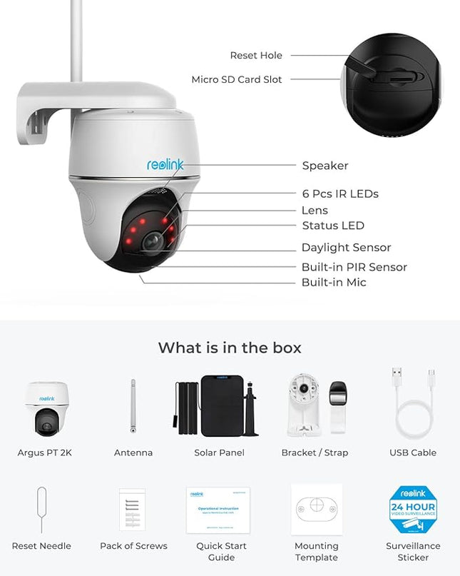REOLINK Security Camera Wireless Outdoor, Pan Tilt Solar Powered, 5MP 2K+ Color Night Vision, 2.4/5GHz WiFi, Works with Smart Home for Surveillance, Home Hub Compatible, Argus PT + Solar Panel REOLINK
