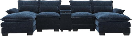 U Shaped Symmetrical Modular Sectional Sofa Cloud Couch with Double Chaise Lounge and Center Console,Cupholders and USB Ports, Deep Seat Upholstered Sleeper Corner Sofa&Couches for Living Room - LeafyLoom