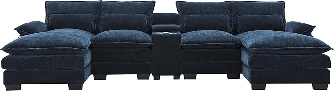 U Shaped Symmetrical Modular Sectional Sofa Cloud Couch with Double Chaise Lounge and Center Console,Cupholders and USB Ports, Deep Seat Upholstered Sleeper Corner Sofa&Couches for Living Room - LeafyLoom