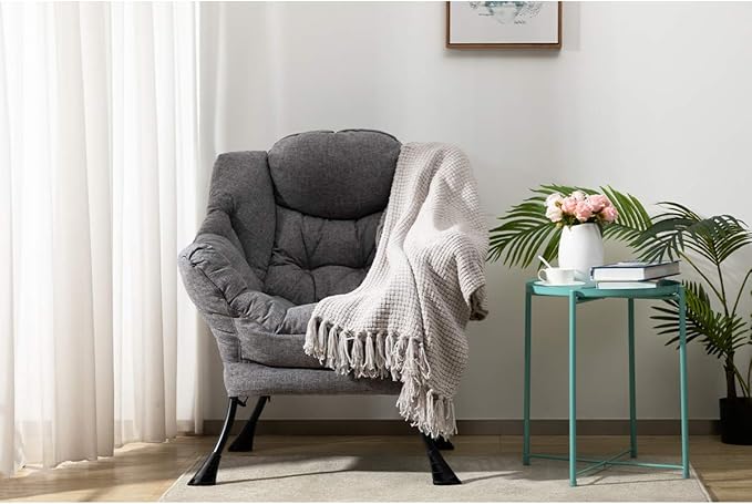 HollyHOME Modern Fabric Large Lazy Chair, Accent Oversized Comfy Reading Chair, Thick Padded Cozy Lounge Chair with Armrest, Steel Frame Leisure Sofa Chair for Living Room, Bedroom, Dorm, Stale Grey - LeafyLoom