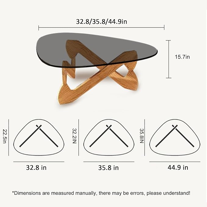 Triangle Coffee Table Glass Coffee Table for Living Room Clear Glass Coffee Table with Solid Wood Base Mid Century Modern Coffee Table for Small Spaces (Wood-Gray, 35.8in) - LeafyLoom
