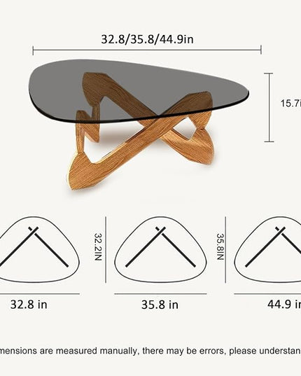 Triangle Coffee Table Glass Coffee Table for Living Room Clear Glass Coffee Table with Solid Wood Base Mid Century Modern Coffee Table for Small Spaces (Wood-Gray, 32.3in) - LeafyLoom