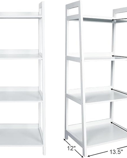 ECOMEX 4-Tier Ladder Shelf, Solid Pine Frame, 20 lbs Capacity per Partition, Modern Style, Home Office, Bedroom (White) - LeafyLoom