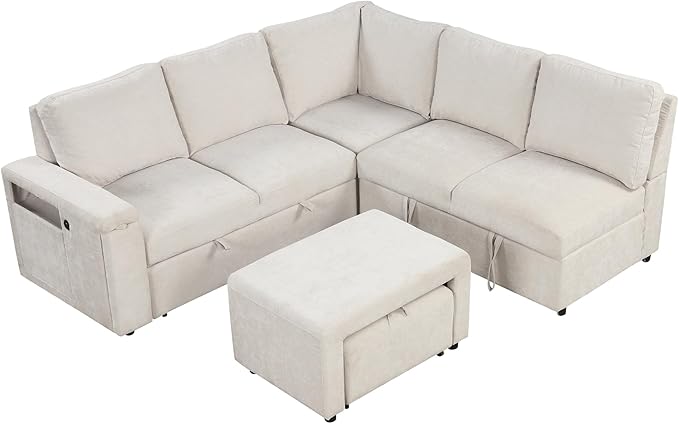 90.6'' L-shaped Modular Sectional Sofa with Storage Space, Ottoman and Pull-Out Bed, 6 Seat Upholstered Couch w/USB Ports & Cup Holders, for Living Rooms, Offices, Apartments, Beige, 90.6 Inch - LeafyLoom