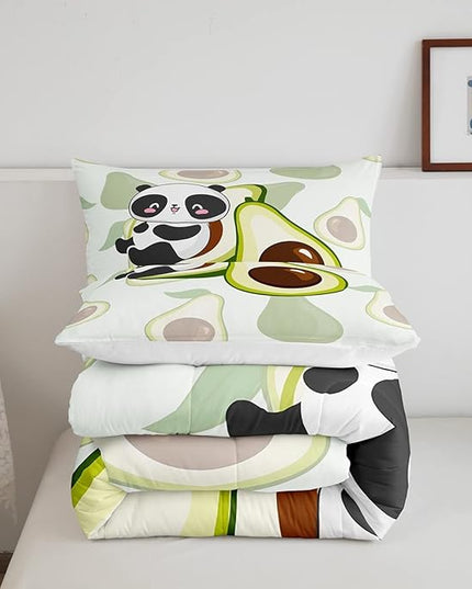 Kids Cute Panda Bedding Set Twin Kawaii Avocado Comforter Set for Boys Girls Bedroom Dorm Decor,Fruit Cartoon Exotic Animal Bedding Comforter Sets Giant Panda Bed Quilt Sets 2 Pcs Green Black White - LeafyLoom