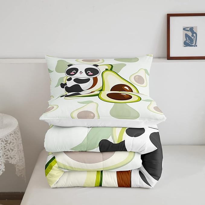 Kids Cute Panda Bedding Set Twin Kawaii Avocado Comforter Set for Boys Girls Bedroom Dorm Decor,Fruit Cartoon Exotic Animal Bedding Comforter Sets Giant Panda Bed Quilt Sets 2 Pcs Green Black White - LeafyLoom