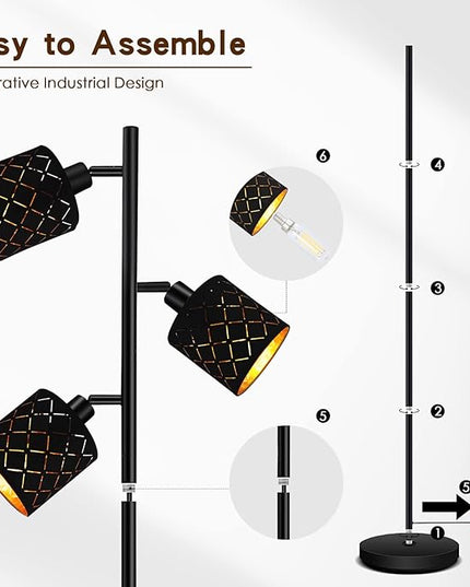 Industrial Floor Lamps for Living Room, Tree Standing Lamp for Bedroom with Adjustable 3-Light, 4W E12 LED Bulb, Modern Stand Up Lamps, Metal Tall Rustic Pole Lamp, Vintage Farmhouse Floor Lamp, Black - LeafyLoom