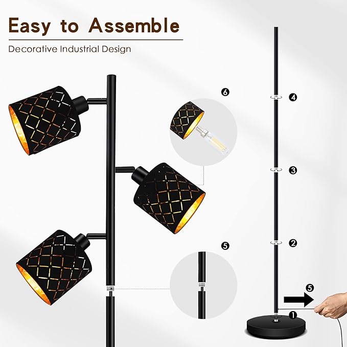Industrial Floor Lamps for Living Room, Tree Standing Lamp for Bedroom with Adjustable 3-Light, 4W E12 LED Bulb, Modern Stand Up Lamps, Metal Tall Rustic Pole Lamp, Vintage Farmhouse Floor Lamp, Black - LeafyLoom