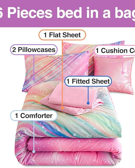 Btargot 6 Pieces Pink Gradient Star Ring Comforter Set for Boys Girls Teens, Twin Size Colorful Glitter Rainbow Star Galaxy Bedding Set - LeafyLoom