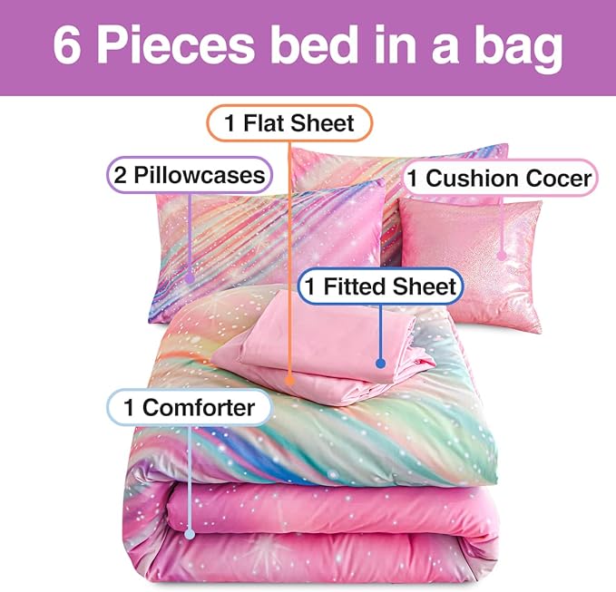 Btargot 6 Pieces Pink Gradient Star Ring Comforter Set for Boys Girls Teens, Twin Size Colorful Glitter Rainbow Star Galaxy Bedding Set - LeafyLoom