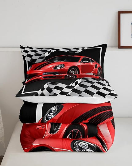 Red Race Car Comforter Set Twin Size, Black White Lattice Bedding Set 2pcs for Kids Boys Teens Room Decor,Extreme Sport Games Quilt Set,Cool Modern Duvet Insert with 1 Pillowcase - LeafyLoom