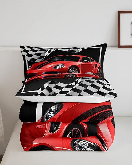Boys Race Car Comforter Set Full Size,Black White Checkered Geometric Bedding Set 3pcs for Kids Teens Boys Men,Extreme Sport Games Race Flag Quilt Set,Cartoon Fashion Duvet Insert,2 Pillowcases - LeafyLoom