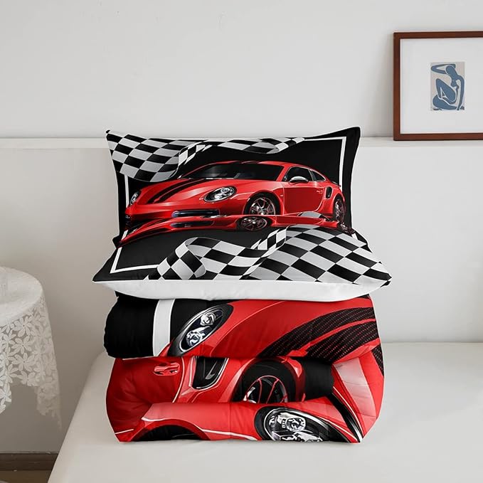 Boys Race Car Comforter Set Full Size,Black White Checkered Geometric Bedding Set 3pcs for Kids Teens Boys Men,Extreme Sport Games Race Flag Quilt Set,Cartoon Fashion Duvet Insert,2 Pillowcases - LeafyLoom