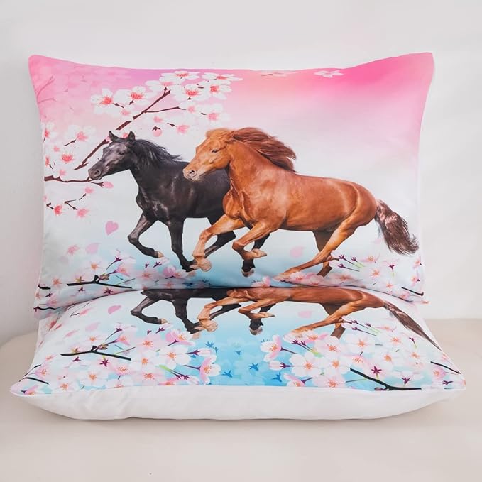 Feelyou Girls Horse Comforter Set Full Size Galloping Horses Bedding Set for Kids Teens Cherry Blossom Comforter 3D Wild Animal Duvet Set Farmhouse Bedroom Decor Quilt Set with 2 Pillow Cases 3Pcs - LeafyLoom