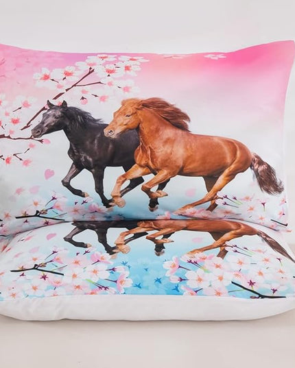 Feelyou Kids Horse Bedding Set for Girls Queen Size Chic Cherry Blossom Comforter Set for Horse Lover Gift Galloping Horse Printed Comforter 3D Wild Animal Duvet Set Bedroom Decor Quilt Set 3Pcs - LeafyLoom