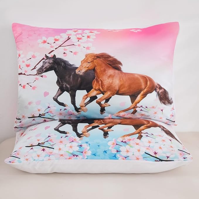 Feelyou Kids Horse Bedding Set for Girls Queen Size Chic Cherry Blossom Comforter Set for Horse Lover Gift Galloping Horse Printed Comforter 3D Wild Animal Duvet Set Bedroom Decor Quilt Set 3Pcs - LeafyLoom