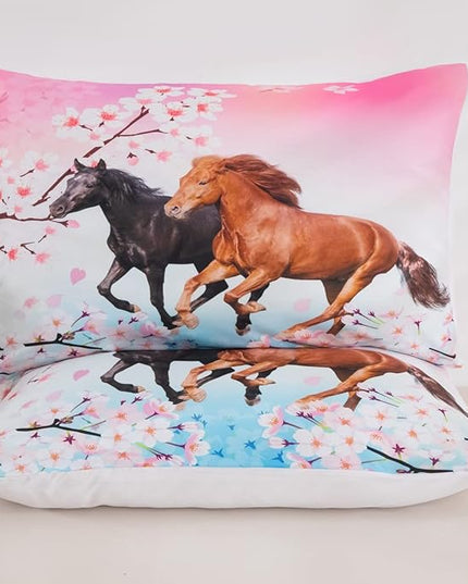Feelyou Girls Horse Bedding Set Twin Size Galloping Horses Comforter Set for Kids Teens Cherry Blossom Comforter 3D Wild Animal Duvet Set Farmhouse Bedroom Decor Quilt Set 2Pcs - LeafyLoom