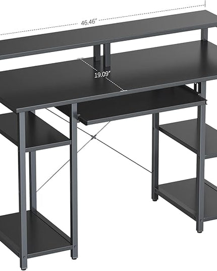 BANTI 47 Inch Computer Desk with Storage Shelves Monitor Stand Keyboard Tray, Home Office Desk, Study Writing Table, Black - LeafyLoom