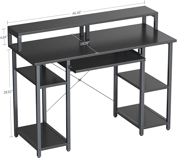 BANTI 47 Inch Computer Desk with Storage Shelves Monitor Stand Keyboard Tray, Home Office Desk, Study Writing Table, Black - LeafyLoom