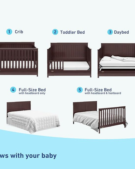 Graco Hadley 5-in-1 Convertible Crib with Drawer (Espresso) – Crib with Drawer Combo, Includes Full-Size Nursery Storage Drawer, Converts from Baby Crib to Toddler Bed, Daybed and Full-Size Bed - LeafyLoom