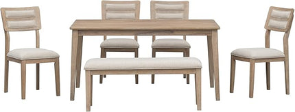 Merax 6-Piece Natural Classic and Traditional Style Set, includes Dining Table, 4 Upholstered Chairs & Bench Wood Wash - LeafyLoom