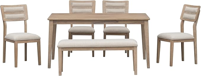 Merax 6-Piece Natural Classic and Traditional Style Set, includes Dining Table, 4 Upholstered Chairs & Bench Wood Wash - LeafyLoom