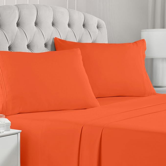 Mellanni Full Sheets Set - 4 PC Iconic Collection Bedding Sheets & Pillowcases - Hotel Luxury, Extra Soft, Cooling Bed Sheets - Deep Pocket up to 16 inch (Full, Poppy Orange) - LeafyLoom