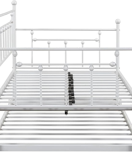Twin Size Metal-Daybed with Trundle,Heavy-Duty Sturdy Metal,Noise Reduced,Trundle-Bed for Flexible Space,Vintage Style,No Box Spring Needed,for Kids Boys Girls Teens,Light Grey - LeafyLoom