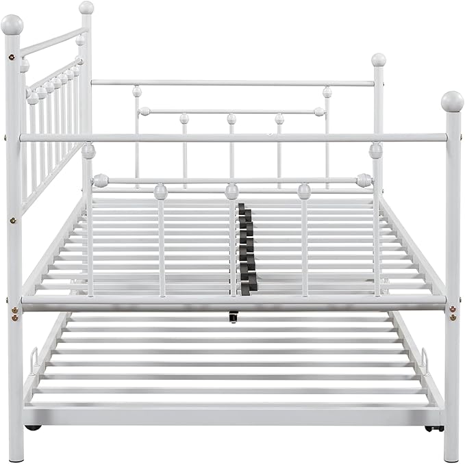 Twin Size Metal-Daybed with Trundle,Heavy-Duty Sturdy Metal,Noise Reduced,Trundle-Bed for Flexible Space,Vintage Style,No Box Spring Needed,for Kids Boys Girls Teens,Light Grey - LeafyLoom