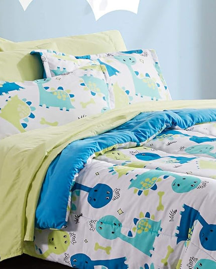 SLEEP ZONE Kids Bedding Comforter Set Full/Queen Size - Super Cute & Soft Kids Bedding 7 Pieces Set with Comforter, Sheet, Pillowcase & Sham (Cute Dino) - LeafyLoom