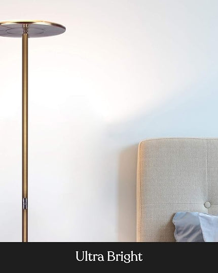 Brightech Sky Flux Dimmable LED Floor Lamp – Super Bright Floor Lamp for Living Room and Offices – Torchiere Standing Lamp with 3 Light Options, Tall Lamp for Bedroom Reading and More - Brass - LeafyLoom