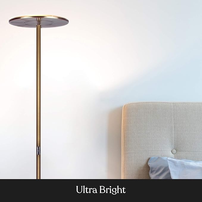 Brightech Sky Flux Dimmable LED Floor Lamp – Super Bright Floor Lamp for Living Room and Offices – Torchiere Standing Lamp with 3 Light Options, Tall Lamp for Bedroom Reading and More - Brass - LeafyLoom