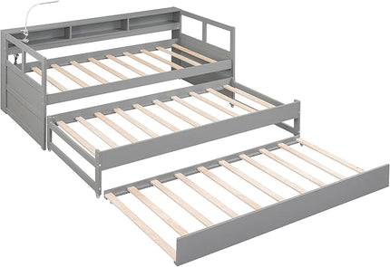 Twin XL Wood Daybed with 2 Trundles, 3 Storage Cubbies, 1 Light for Free and USB Charging Design, for Bedroom/Living Apartment/Guest-Room,Gray - LeafyLoom