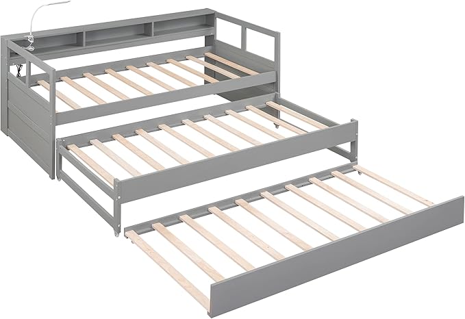 Twin XL Wood Daybed with 2 Trundles, 3 Storage Cubbies, 1 Light for Free and USB Charging Design, for Bedroom/Living Apartment/Guest-Room,Gray - LeafyLoom