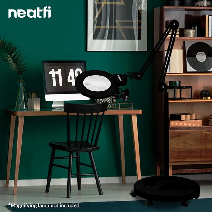 Neatfi 6-Wheel Rolling Base Floor Stand, Compatible for LED Desk Lamp and Magnifying Lamps, Versatile Stand for Work, Study, and Needlework (Black) - LeafyLoom