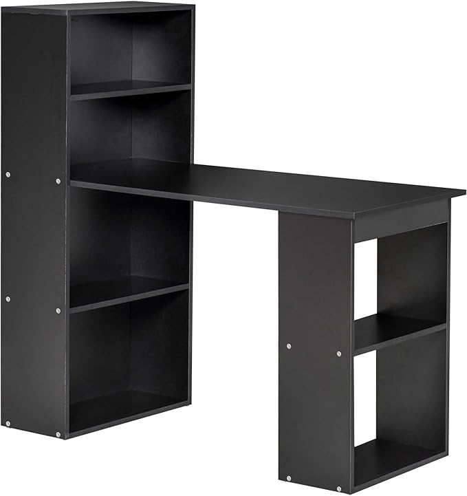 HOMCOM Modern Home Office Desk with 6-Tier Storage Shelves, 47" Writing Table with Bookshelf, Black - LeafyLoom