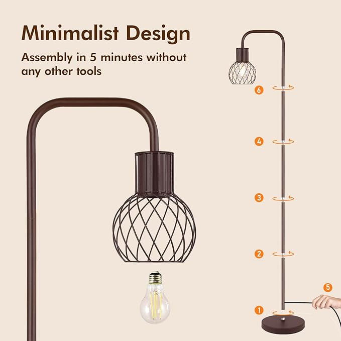 Floor Lamp, Industrial Floor Lamp, Modern Standing Lamp with 6W LED Bulb, Foot Switch, Metal Floor Lamp for Living Room, Bedroom, Office, Vintage，Rustic Minimalist Farmhouse Stand Up Lamp Brown - LeafyLoom
