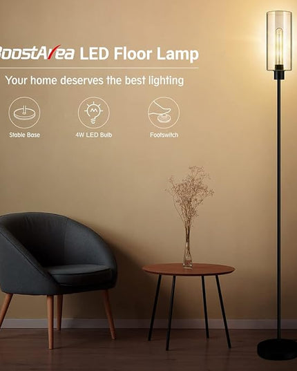 BoostArea Floor Lamp for Living Room, Modern Standing Lamp Stand Up Lamp with Glass Lampshade, 4W Bulb Included, Pole Lamp Tall Lamps for Bedroom, Living Room, Office, Kids Room, Reading - LeafyLoom