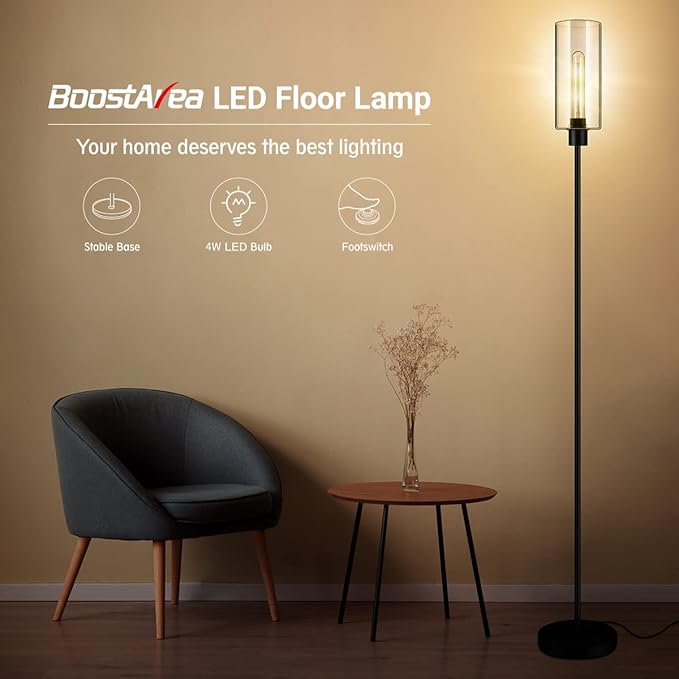 BoostArea Floor Lamp for Living Room, Modern Standing Lamp Stand Up Lamp with Glass Lampshade, 4W Bulb Included, Pole Lamp Tall Lamps for Bedroom, Living Room, Office, Kids Room, Reading - LeafyLoom