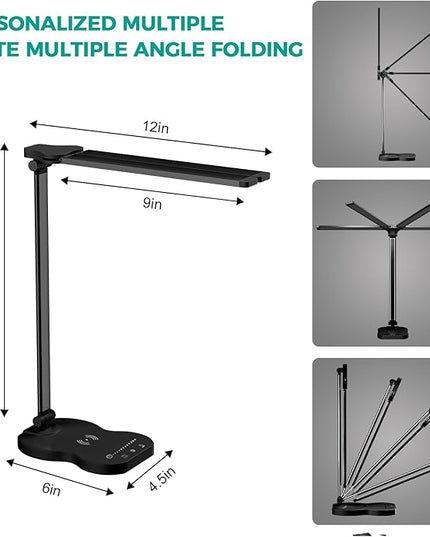 LED Desk Lamp, Dimmable Table Lamp for Reading,Lamp with USB Charging Port, 5 Lighting Modes, Sensitive Control, 45 Minutes Auto-Off Timer, Eye-Caring Lamp (Black) - LeafyLoom