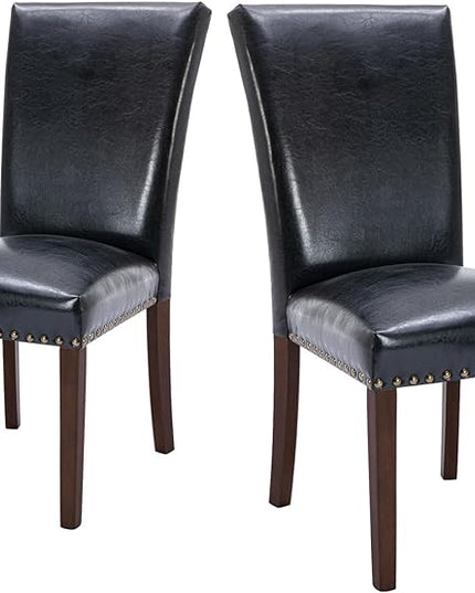 COLAMY Upholstered Parsons Dining Chairs Set of 2, PU Leather Dining Room Kitchen Side Chair with Nailhead Trim and Wood Legs - Black - LeafyLoom