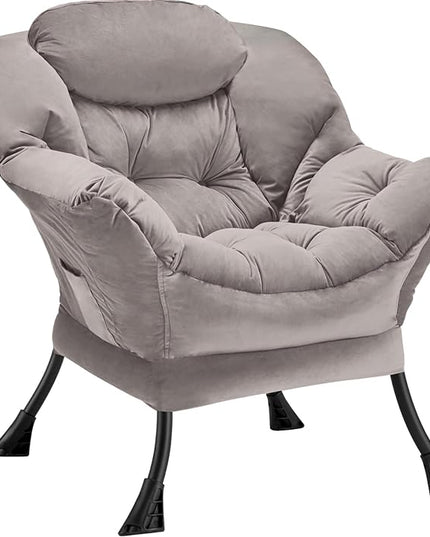 Fabric Lazy Chair Large Accent Chair,Velvet Frabic Modern Lounge Reading Chair with Armrests & Side Pocket,Upholstered Armchair for Living Room,Bedroom,Dorm,Light Grey - LeafyLoom