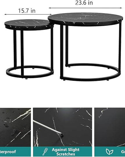 Black Nesting Coffee Table Set of 2, 23.6" Round Coffee Table Wood Grain Top with Adjustable Non-Slip Feet, Industrial End Table Side Tables for Living Room Bedroom Balcony Yard - LeafyLoom