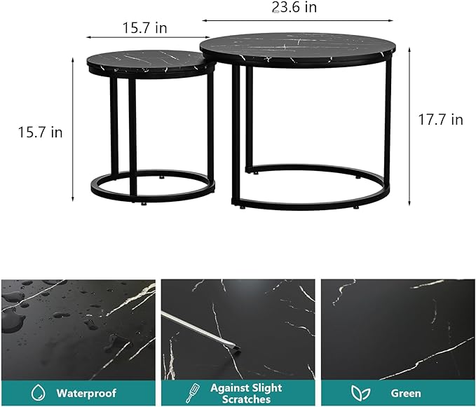 Black Nesting Coffee Table Set of 2, 23.6" Round Coffee Table Wood Grain Top with Adjustable Non-Slip Feet, Industrial End Table Side Tables for Living Room Bedroom Balcony Yard - LeafyLoom