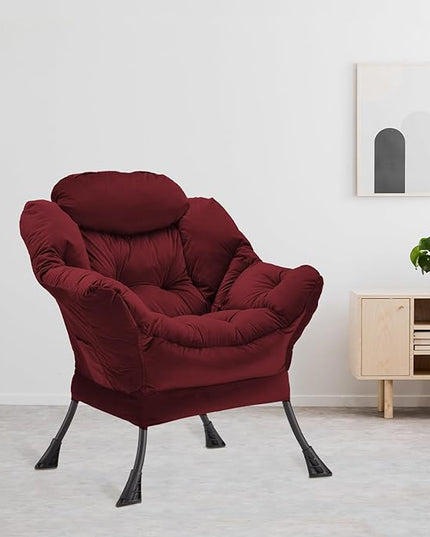 Lazy Chair Thick Padded, Accent Chair Velvet Upholstered with Wide Seat, Stable Metal Frame and Non-Slip Pad, Modern Sofa Armchair with Side Storage Bag for Dorm, Room, Office, Burgundy - LeafyLoom