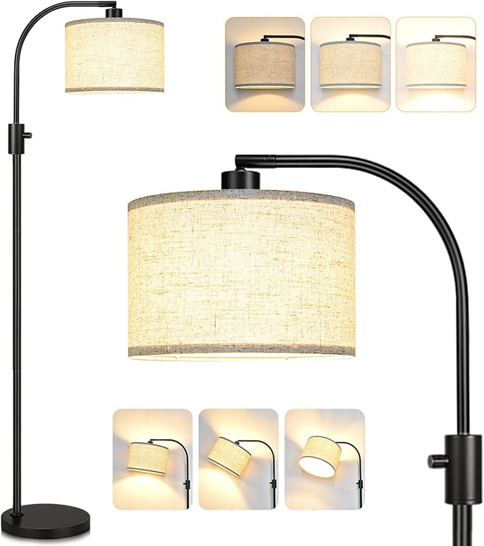 【Upgraded】 Dimmable Floor Lamp, 1200 Lumens LED Edison Bulb Included, Arc Floor Lamps for Living Room Modern Standing Lamp with Linen Shade, Black Tall Lamp for Living Room Bedroom Office Dining Room - LeafyLoom