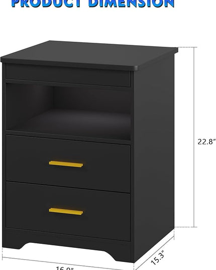 Nightstand Set of 2 with Charging Station, Beside Table with Secret Gun Compartment, Modern Nightstand with Auto Sensor LED 3 Color Dimmable for Bedroom Furniture - LeafyLoom