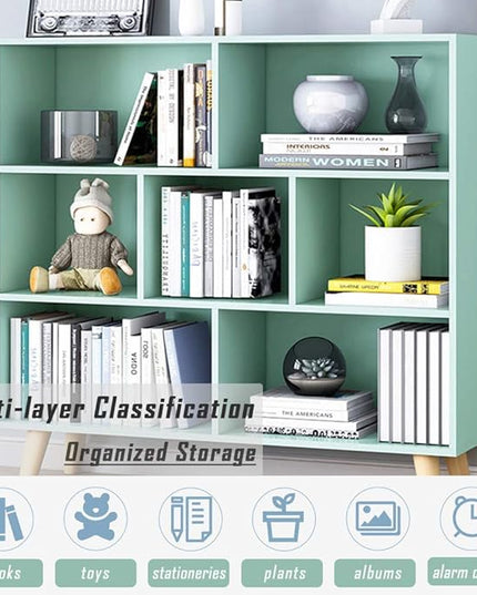 IOTXY Wooden Open Shelf Bookcase - 3-Tier Floor Standing Display Cabinet Rack with Legs, 7 Cubes Bookshelf, Tiffany-Green - LeafyLoom
