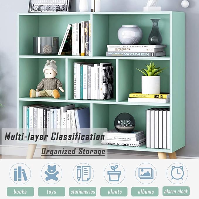 IOTXY Wooden Open Shelf Bookcase - 3-Tier Floor Standing Display Cabinet Rack with Legs, 7 Cubes Bookshelf, Tiffany-Green - LeafyLoom