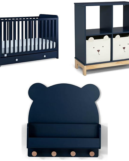 Delta Children babyGap Graham 4-in-1 Convertible Crib with Storage Drawer + Brannan Bear Bookcase with Bins + Brannan Bear Wall Shelf with 4 Hooks, Navy/Light Blue (Bundle) - LeafyLoom